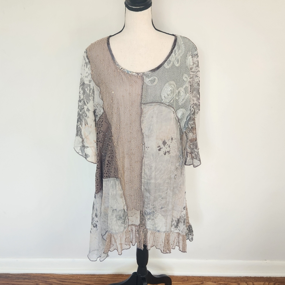 BoHo Artsy Tunic Long Sleeve Top LV Collection Patchwork Mixed Media Large